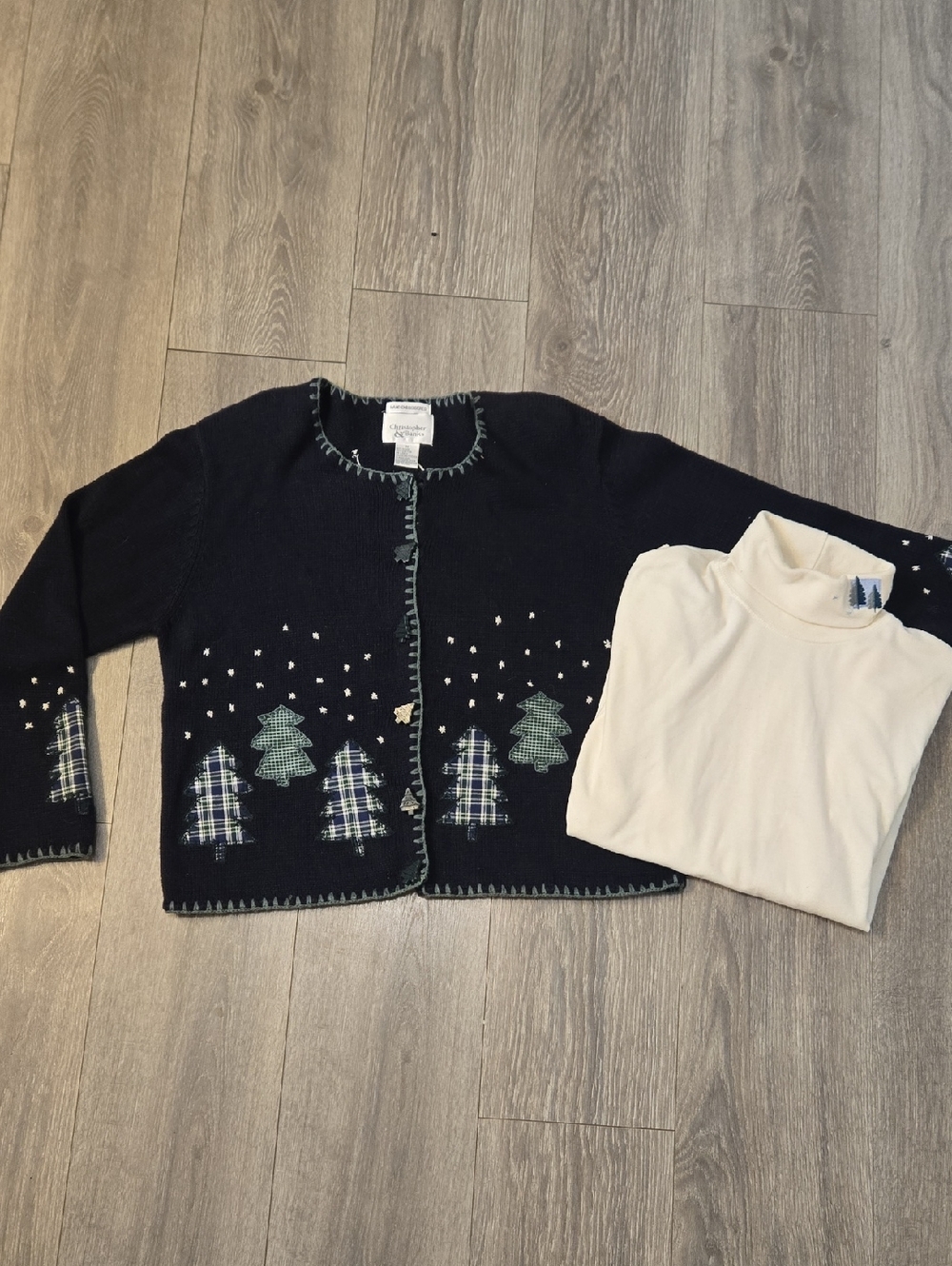 Christopher & Banks Navy Christmas Tree Cardigan Sweater Turtleneck SET, MED